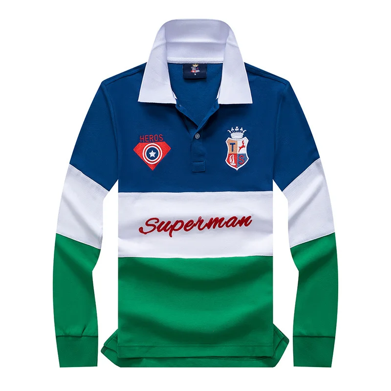 

New Surperman Men's Long Polo Shirts Striped Full-Sleeved Collar Tee Shirt Embroidery Casual Sports Tshirts Plus Size XS-7XL