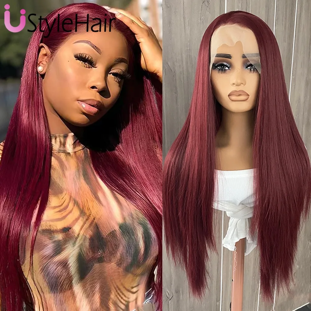 

UStyleHair Dark Burgundy Lace Front Wig Long Silky Straight Synthetic Wig for Women Natural Hairline Daily Wear Cosplay Wigs