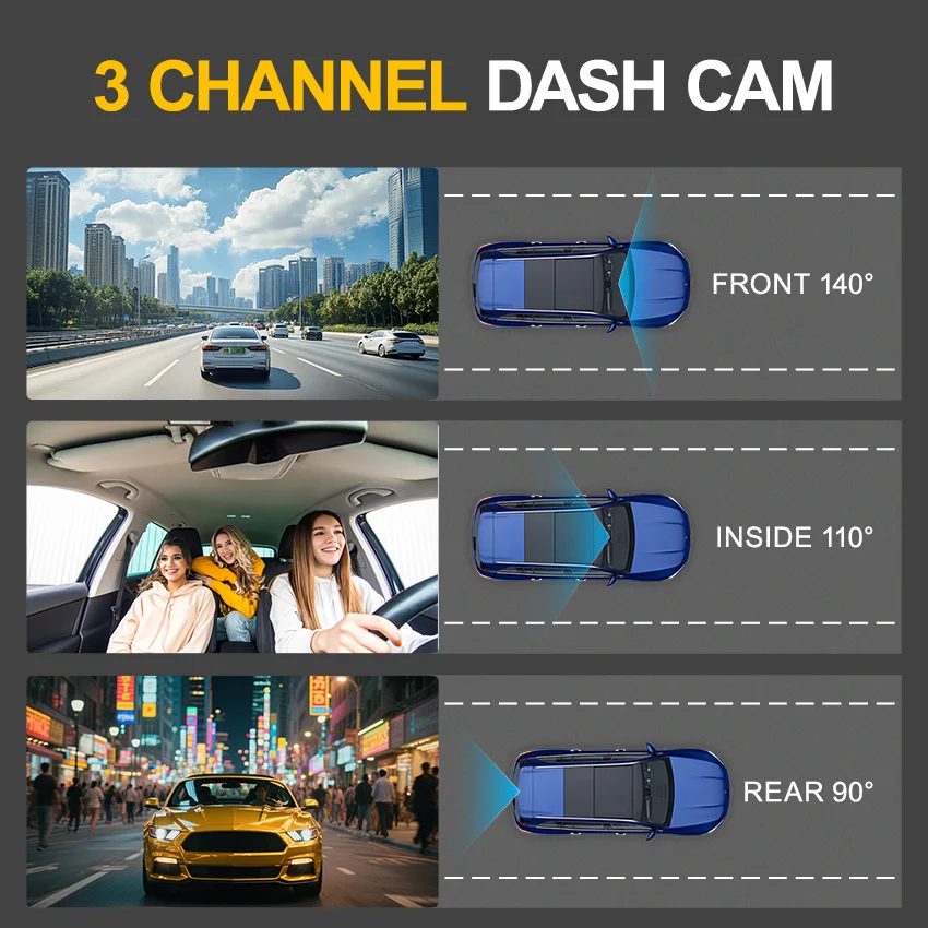 HD 1080P Triple Lens Dash Cam Car Camera Video Recorder Night Vision Wide Angle Black Box DVR with Rear View for Vehicle