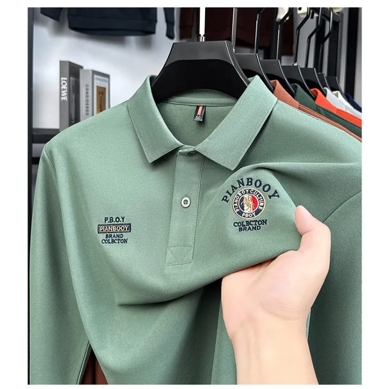 Pierre Cardin Polo de manga larga de algodón puro para hombre, primavera/otoño, con cuello, capa Base versátil de moda informal para