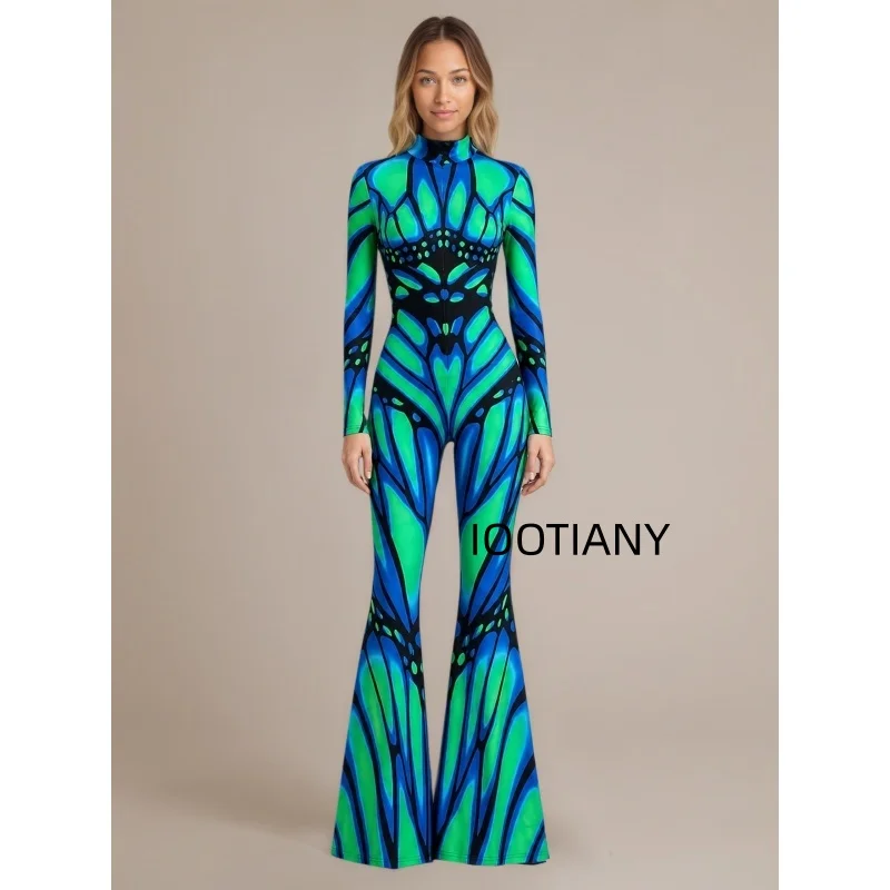 Damen-Jumpsuit mit ausgestellten Schlaghosenbeinen, geometrischem Schmetterlings-Skelett-Muster, figurbetont, Catsuit, Festival-, Rave-, Halloween-Cosplay-Outfit – Detail 11