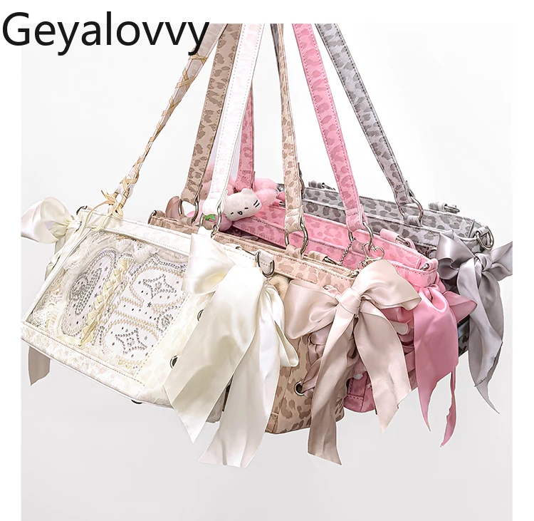 

Универсальная сумка в японском стиле с галстуком-бабочкой и леопардовым принтом, милая милая женская косметичка для прогулок и покупок, сумки на плечо, кошелек