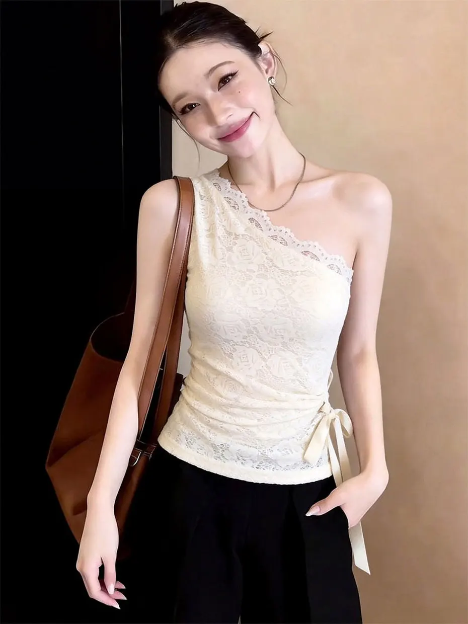 White Lace Sleeveless Crop Top Shoulder Bared Vest Short Style for Women Summer Outdoor Travel Party Yoga Casual Sport