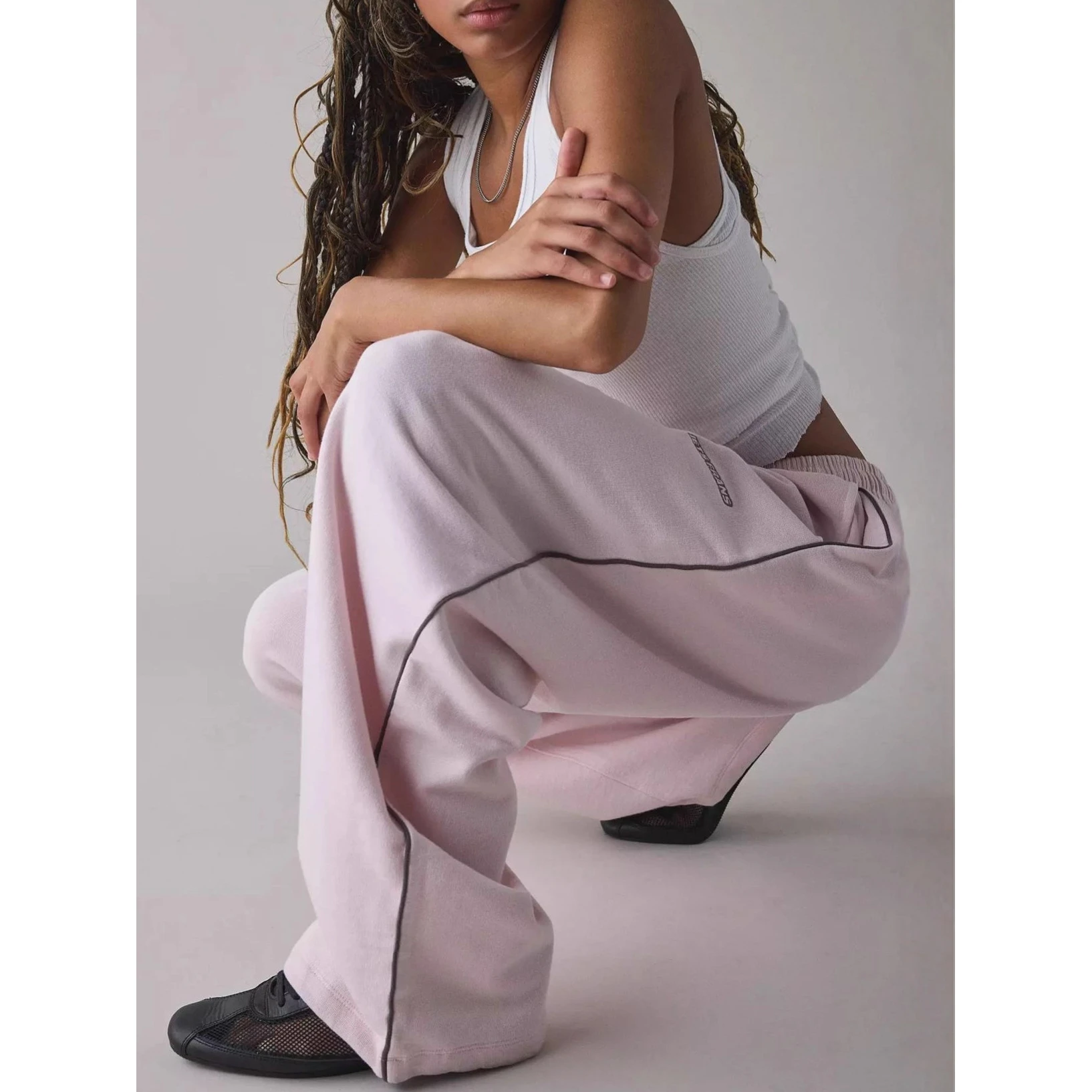 Pink Embroidered Loose Comfortable Straight Leg Elastic Waist Long Pants Women's Casual Trousers New Style Cross-Border