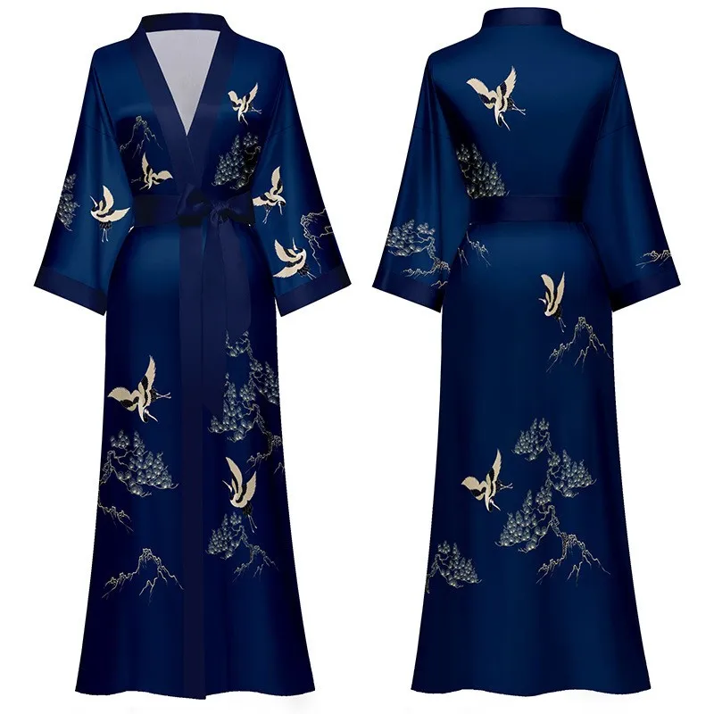 Bata larga Kimono con estampado negro para mujer, ropa de dormir Sexy, camisón informal de media manga, vestido de satén para el hogar, primavera y