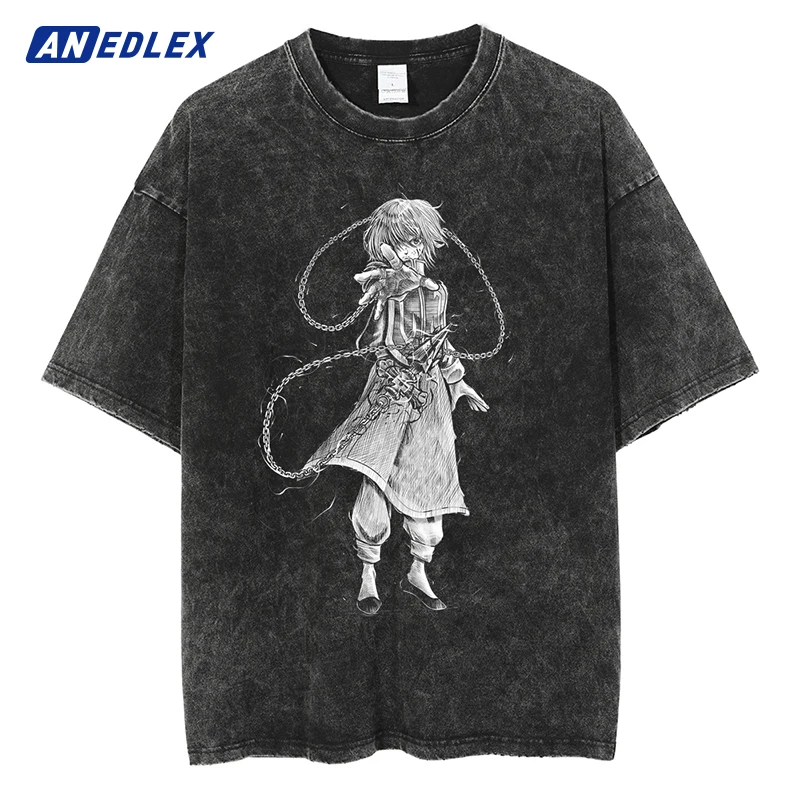 

Men Streetwear Vintage Tshirt Japanese Anime Graphic Print T-Shirt Fashion Harajuku Washed BlackT Shirt Summer Cotton Tops Tees