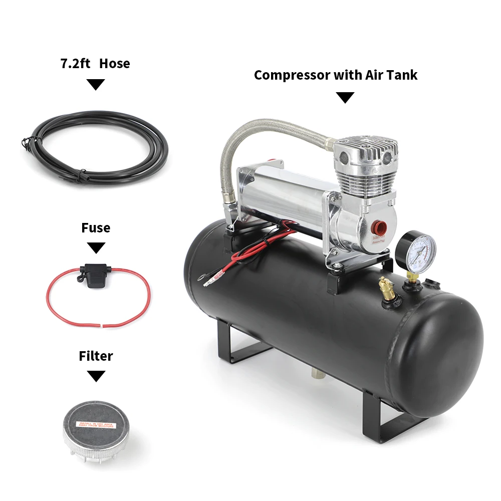 Universal 12v Car Air Ride Suspension Kit Tire Inflation Tool with 1.5 Gallon Air Tank, Air Compressor ,pressure Gauge