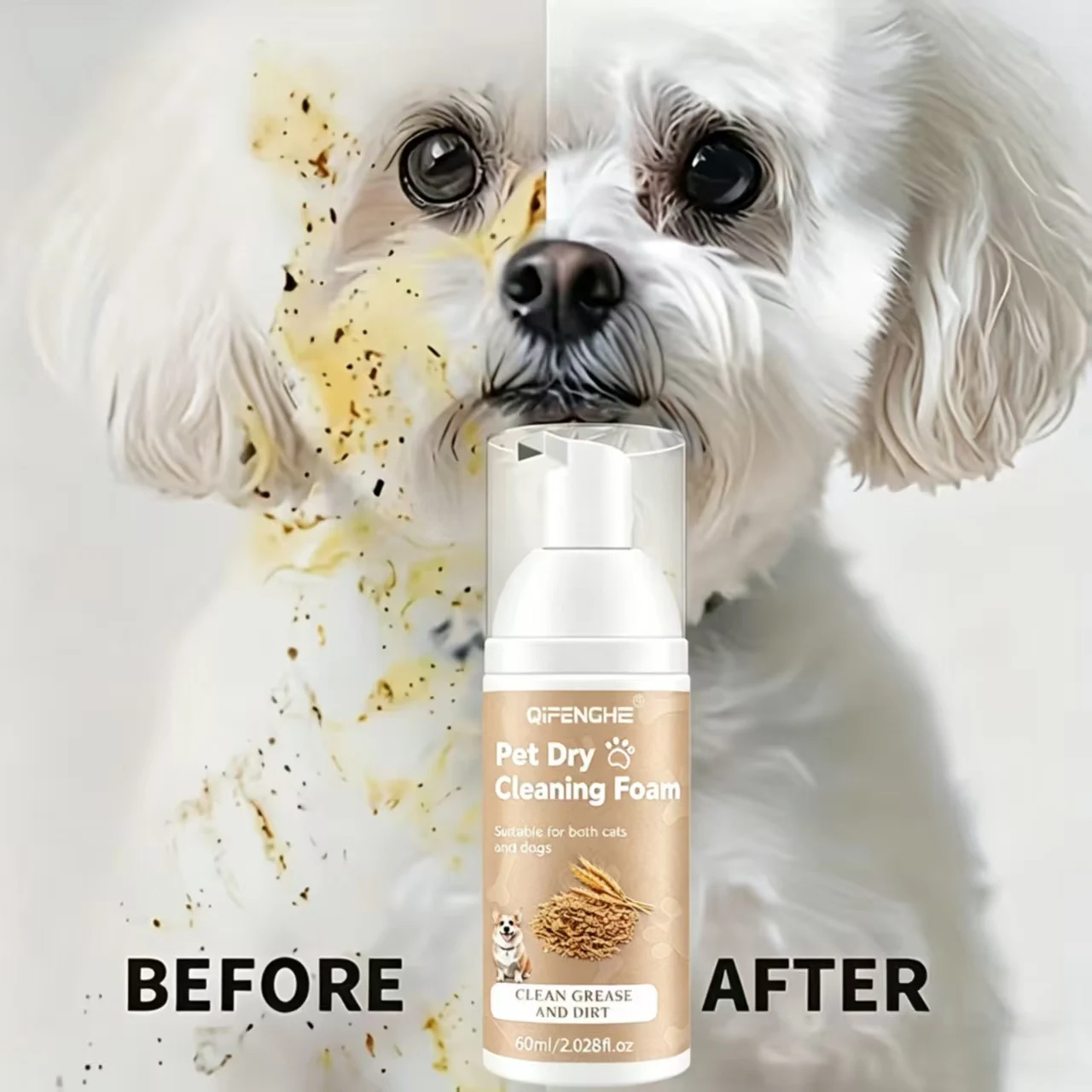 No-Rinse Pet Dry Cleaning Foam 60mL, Plant-Based Gentle Waterless Shampoo for Cats & Dogs, Deep Clean Spot-Cleaning for Paws Tai