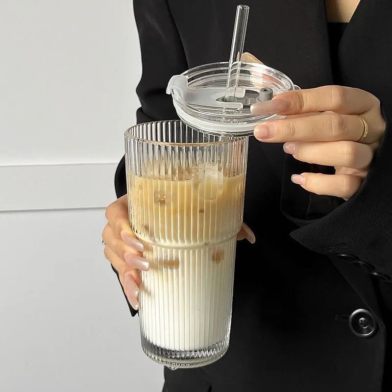 Glass Coffee Cups with Lids and Straw Heat-resistant Tumbler Drinkware Transparent Tea Juice Milk Mug Glasses Stripe Mug 600ml