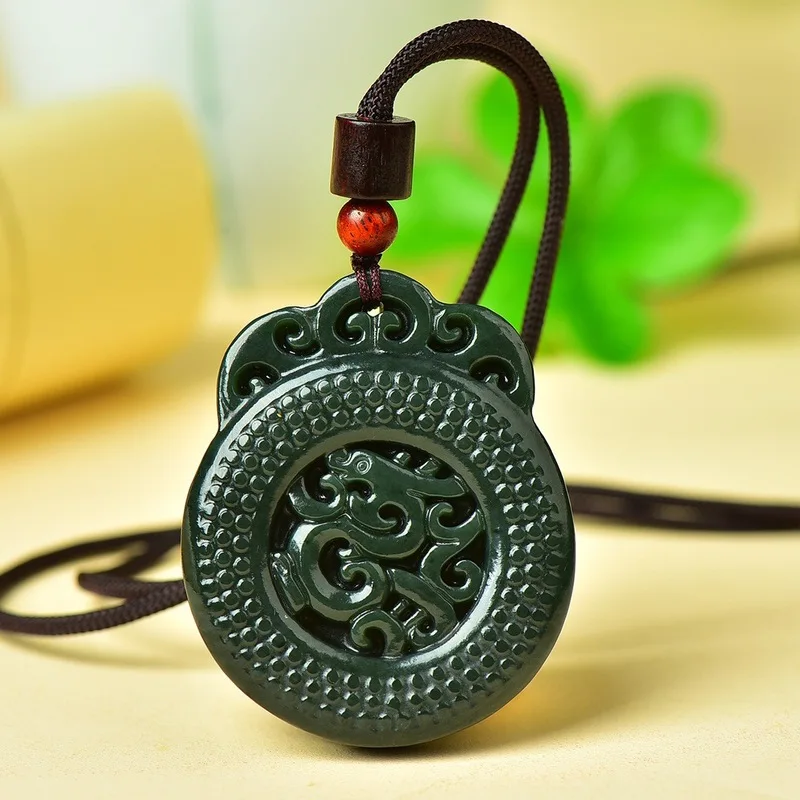 Hetian Green Jade Double-Sided Hollow Antique Pendant Necklace Men And Women