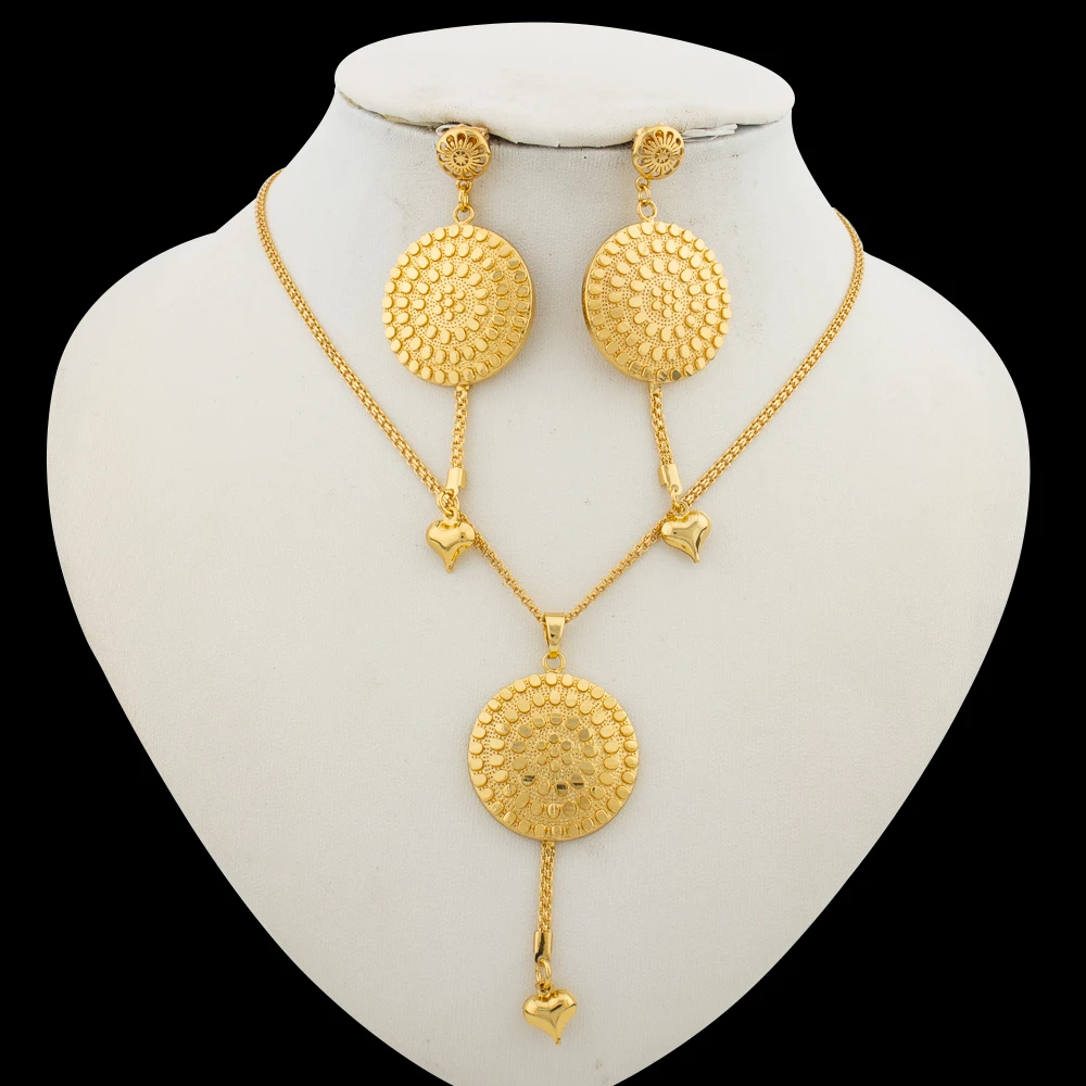 

African Earrings Necklace Jewelry Set for Women 18k Gold Color Drop Earrings and Pendant Necklace Weddings Bridal Jewelry Gifts