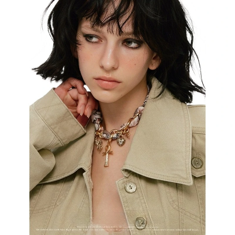 Original Anka Cross Silk Scarf Necklace, Key of Life Series Retro Gothic Middle Aged Gold Necklaces