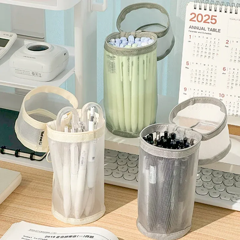  Standable Minimalist Transparent Mesh Pencil Case Large Capacity Flip-Top Solid Color Pen Holder Portable Stationery Storage Bag 