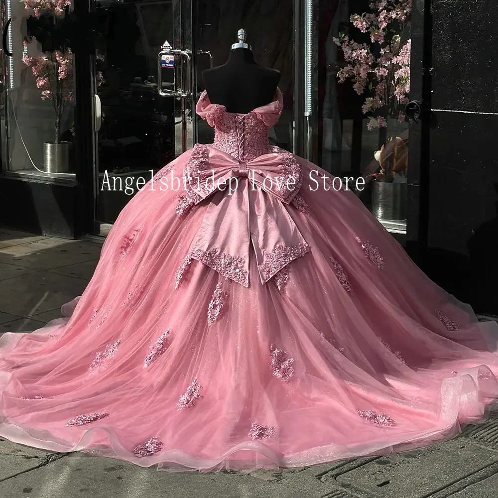 Angelsbridep-vestido De quinceañera con lazo para mujer, traje De fiesta con apliques rosas, 15 años, 2024