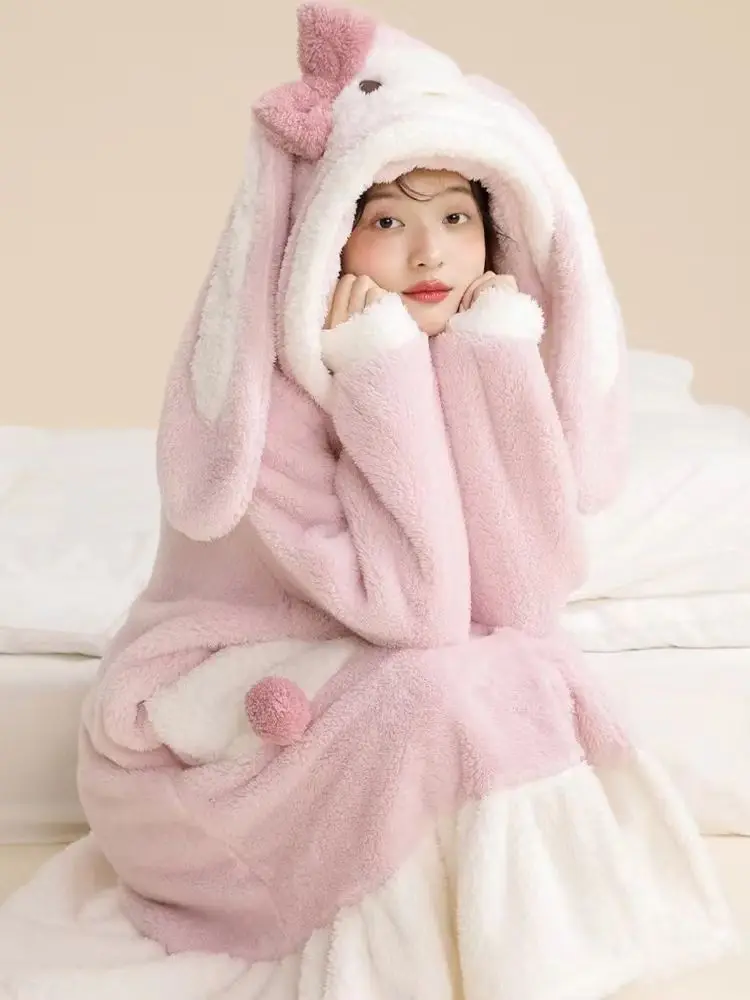 Sweet Cute Pink Bunny Coral Fleece Plush Hooded Nightgown, Cute Rabbit Ears Nightdress For Women Winter Sleepwear Home Clothes