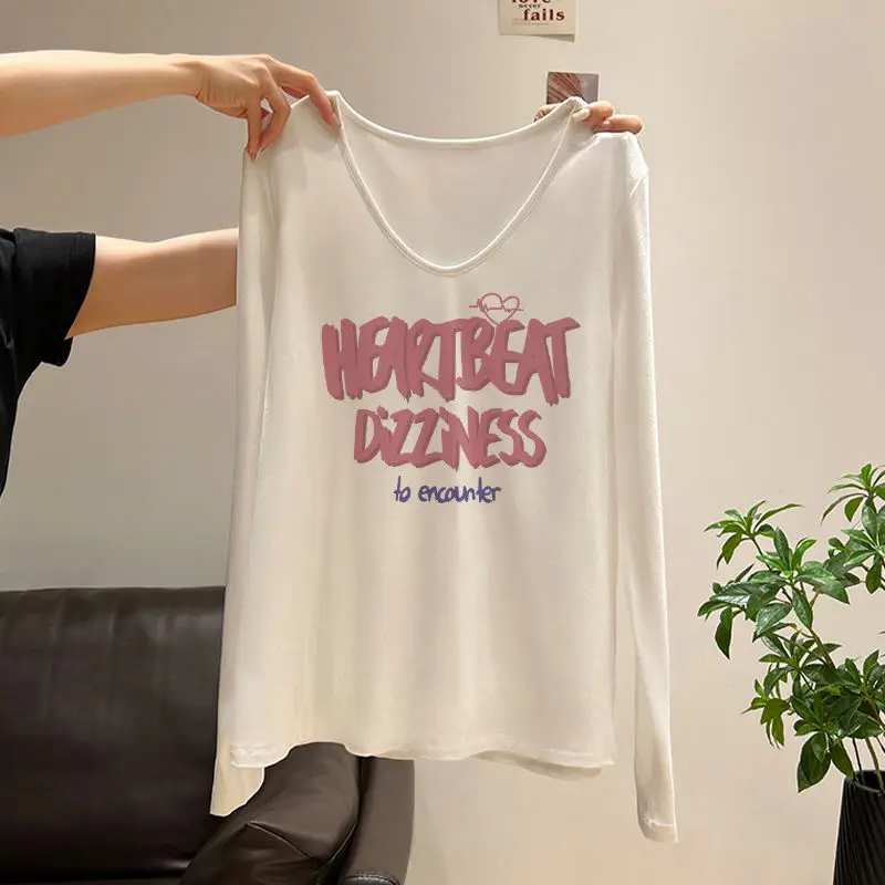 Autumn Pure Cotton New Long-sleeved Printed Autumn Winter T-shirt Right Shoulder Bottoming Loose Top Trendy