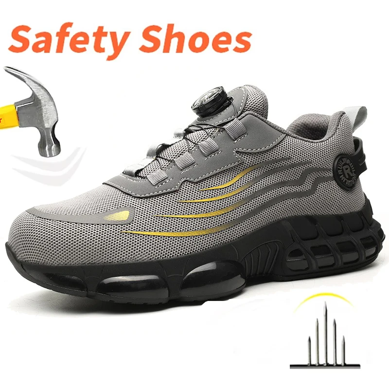 

Men Rotating Button Safety Boots Indestructible Steel Toe Work Shoes Puncture Proof Non Slip Breathable Secure Protective Sneak