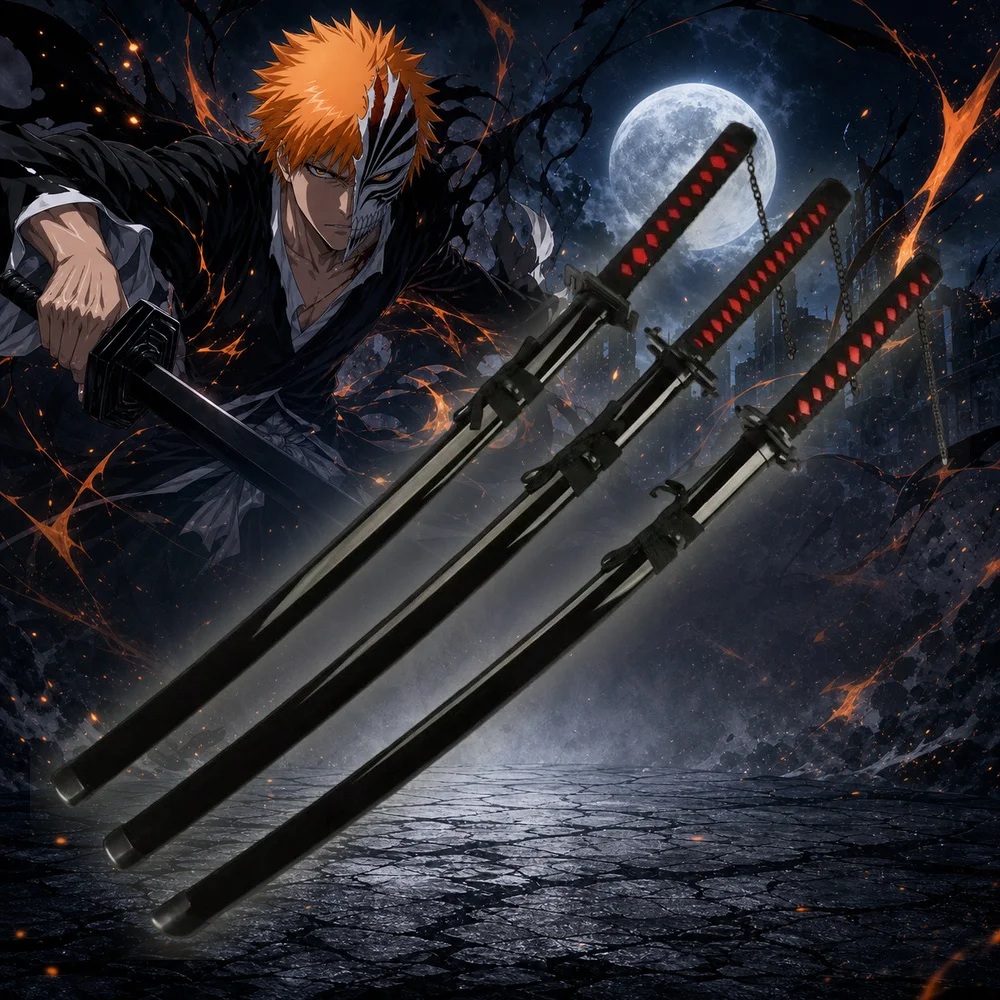 40inch 101cm Katana Sword Bleach Ichigo Kurosaki Tensa Zangetsu Black Blade Anime Cosplay Costume Prop Wood Bamboo Samurai Sabre Schwert Ninja Katana Belt Holster Stand Holder Full Size Japanese Wooden Sword Toy Gift Collection Display Set