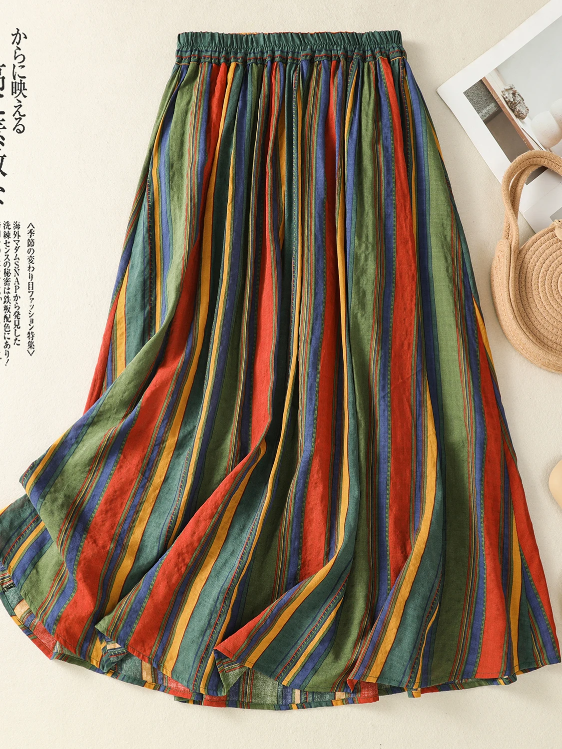 

High-End A-Line Midi Skirt Women's Summer Thin Large Size Fashion Holiday Style Long Half Skirt Korean Style Casual Striped