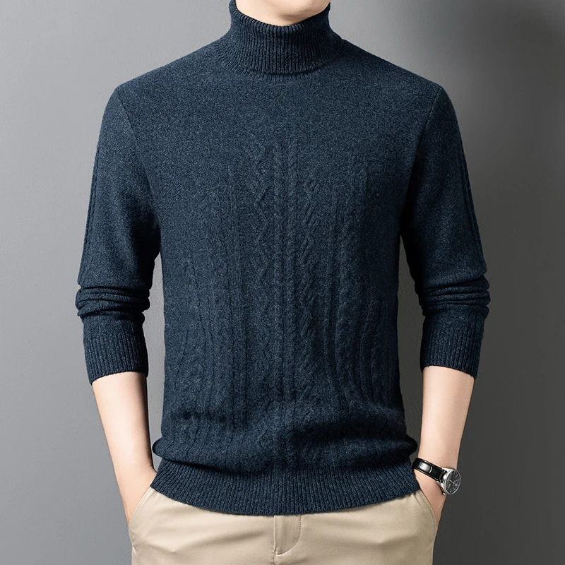 Men's Wool100% Autumn Winter Advanced Sweater 7stitches Jacquard High Neck Long Sleeves Sweater Fashion Innerwear Man Clothes