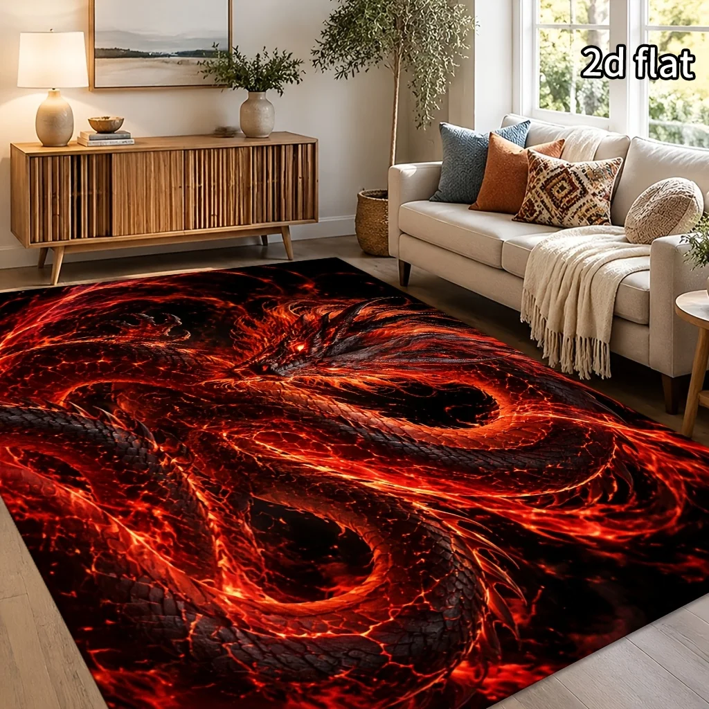 1‑Piece Dragon Surrounded by Flames Print Floor Rug, Machine Washable Easy‑Clean Lightweight Floor Mat for Living Room, Bedroom