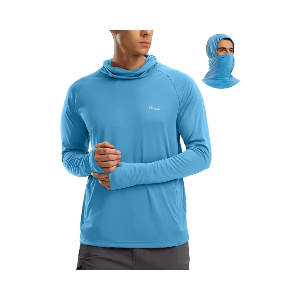 

Мужская солнцезащитная толстовка с капюшоном UPF 50+, рубашка для рыбалки и походов, УФ-защита, с маской, длинный рукав, легкая