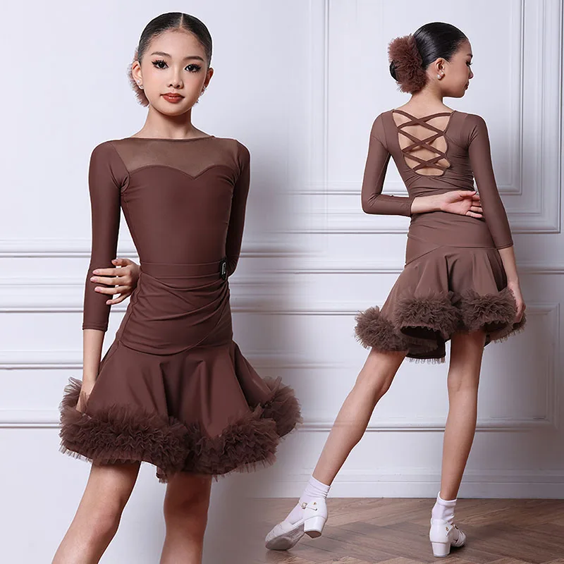 

2026 Latin Dance Competition Dress Girl Performance Stage Clothes Long Sleeve Brown Dance Suit Fluffy Skirt Practice Set AMY3416