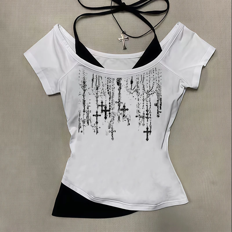 

Cross border 2025 summer new hot girl cool girl suspender versatile cross print temperament slim fit suspender T-shirt Y2K