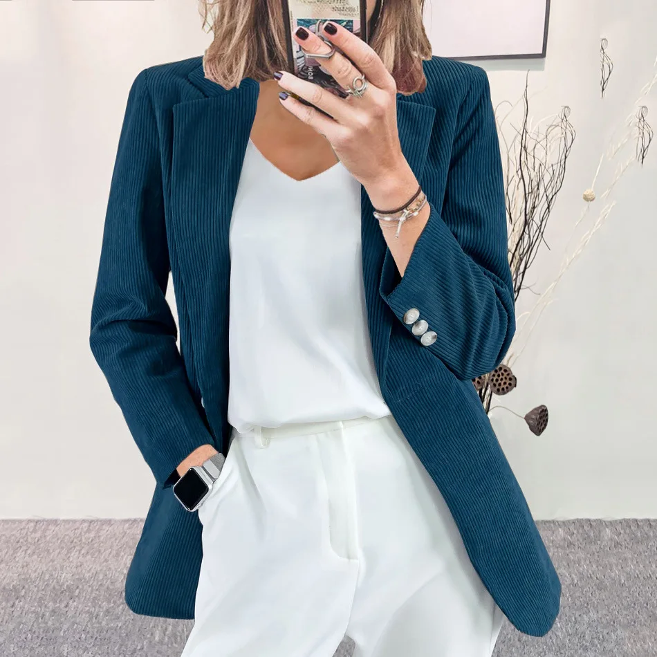 Cárdigan de pana británico para mujer, Chaqueta de traje pequeña profesional, Regular, básica, ajustada, Color sólido, novedad de 2024