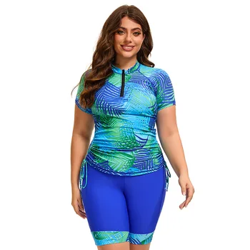 Trendy Swimwear Tropical Plants Printed Women Plus Size Tankini Swimsuit 2 Piece Big Size…