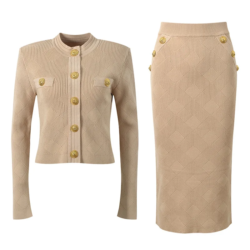 

Ele вязаный открытый кардиган и комплект юбки для женщин, круглый облегающий дизайн с высокой талией и высокой талией, роскошный парижский комплект