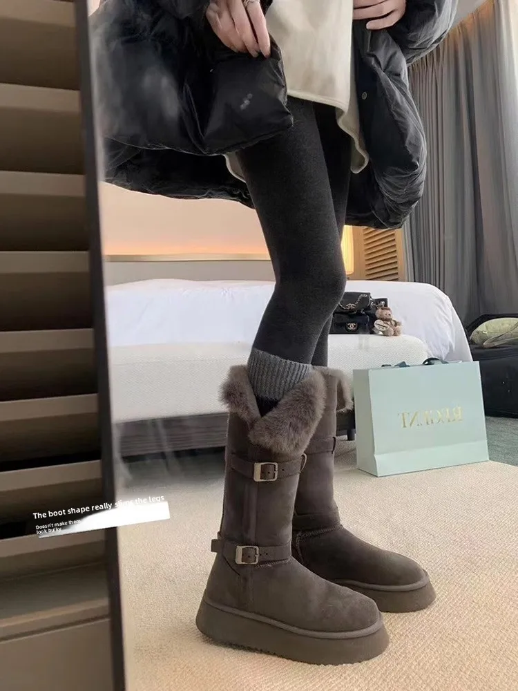 

Женские высокие зимние сапоги-трубы 2026 года, новинка осени, утепленные флисом, теплые, до середины икры, для холодной погоды