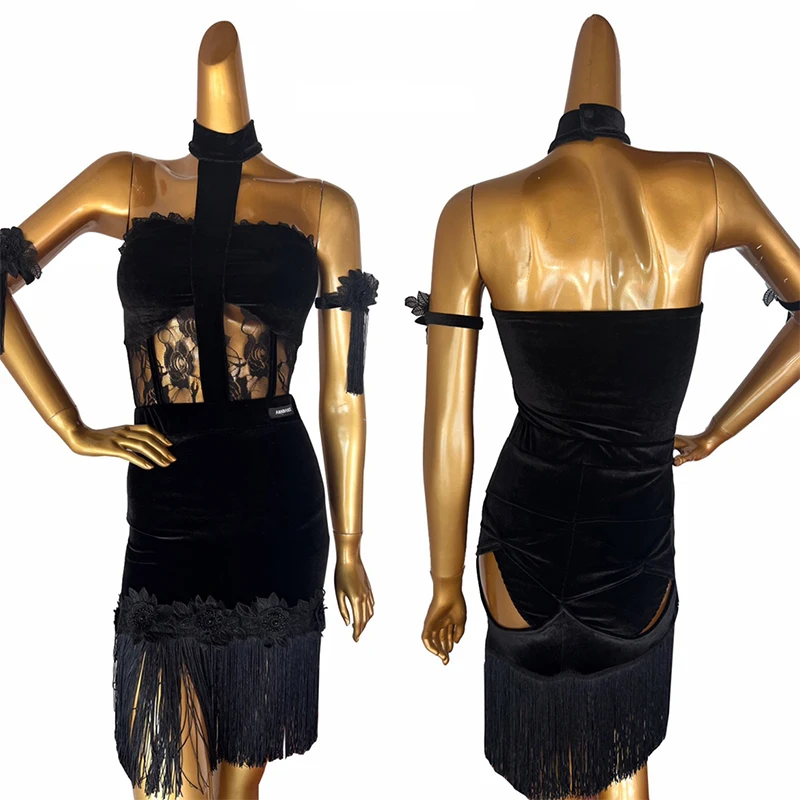 Costume de danse latine en dentelle noire pour femmes, jupe à franges en Y, vêtements de performance de samba Cha Cha Régions ba, robe d'entraînement sexy, nouveau, ChrV18417