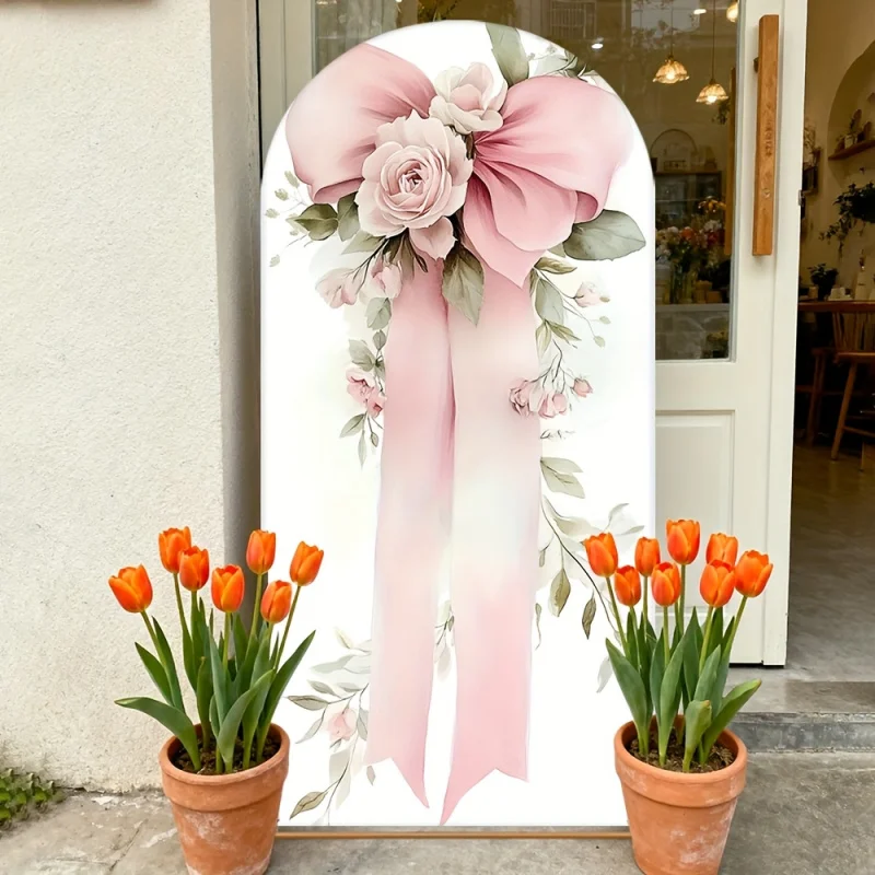 VIKAMA Romantic Floral Arch Backdrop Pink Bow Ribbon Print Outdoor Wedding Arch Cover Baby Shower Party Decor view 3