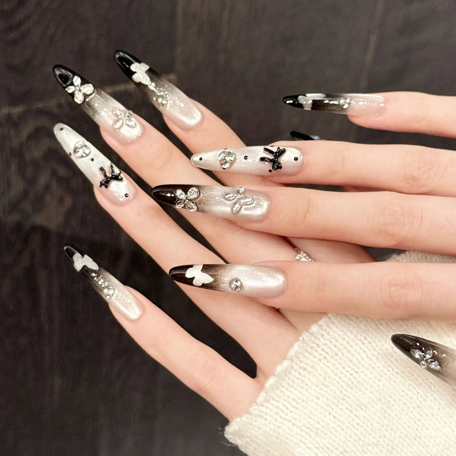 Sztuczne paznokcie do naklejania, gradient migdałowy, ręcznie robione, z dekoracją z cyrkonii w kształcie motyli, sztuczne tipsy, brokatowe paznokcie kocie oko do noszenia.