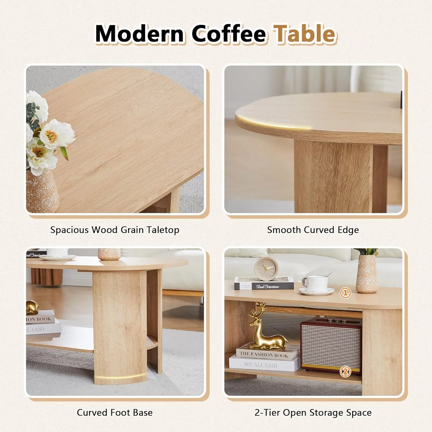 43.3” Oval Coffee Tables For Living Room, Wood Farmhouse Coffee Table With Storage, 2-Tier Center Table With Storag