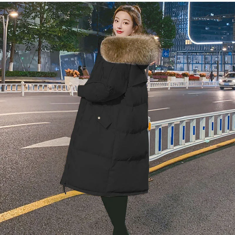 Women\'s Jacket 2023 Fashion Fur Collar Hooded Cold-Proof Down Cotton Long Coat Female Casual Warm Winter Jackets Ladies 3XL 2368