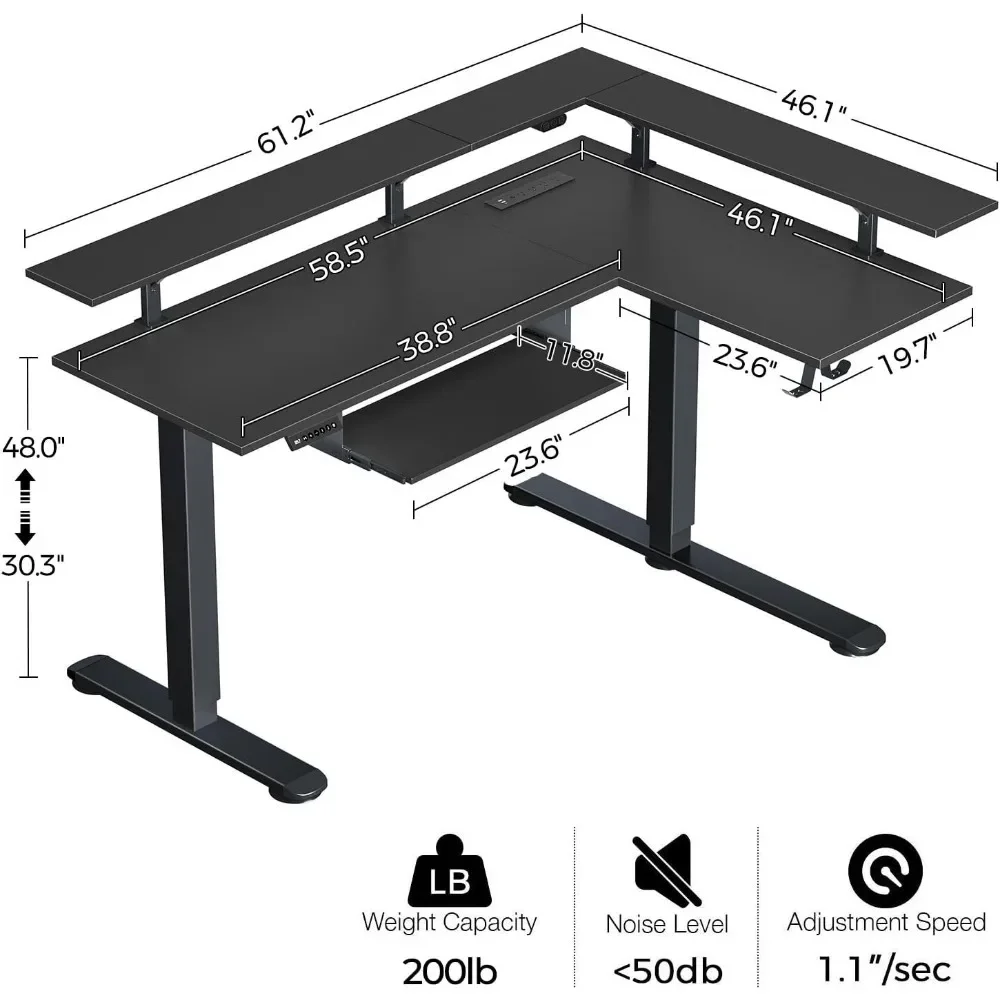 L Shaped Computer Desk with LED Light and Power Outlet, Dual Motor Height Adjustable Electric Standing Desks, 61.2" Stand Desk