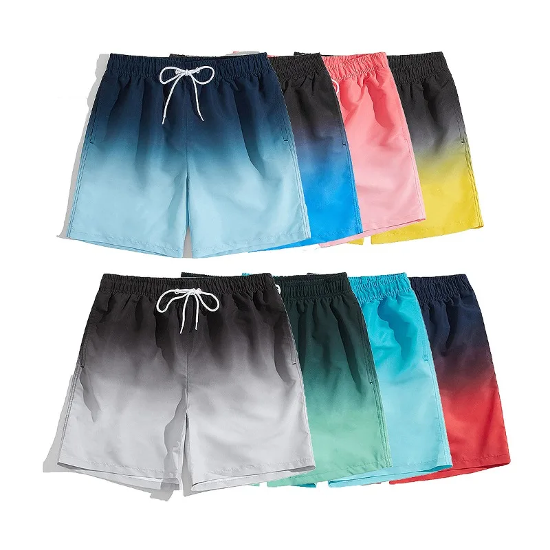 Calça de praia masculina cor gradiente, calça de banho de secagem rápida, shorts masculinos casuais soltos, estilo moderno e bonito