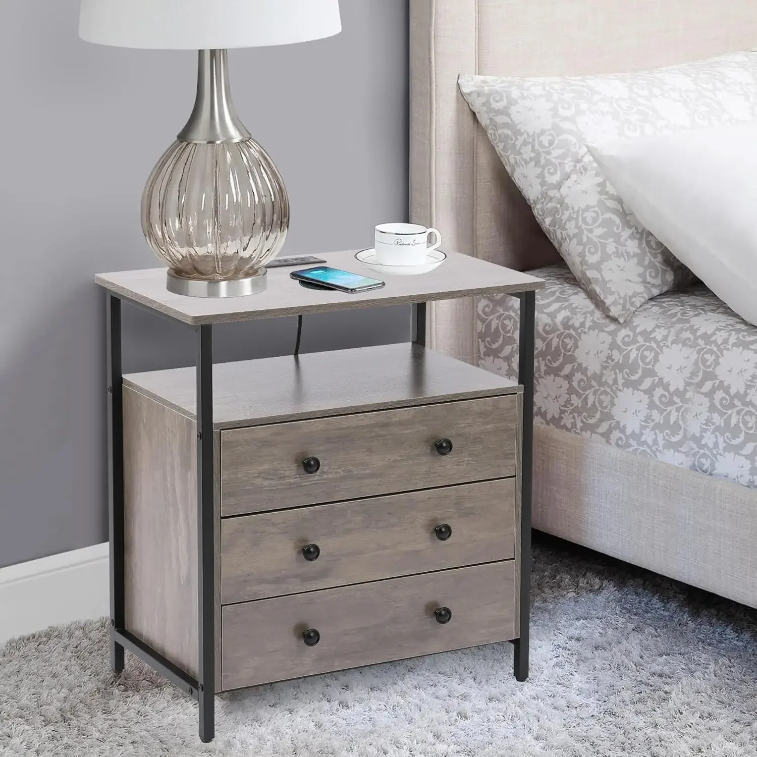 3 Wooden Drawers Nightstand, 27 Inch Wide Night Stand Set 2 with Charging Station and Adjustable Drawers