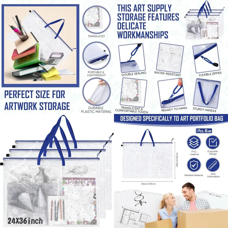 Cunno Custodia per portafoglio artistico da 3 pezzi Borsa portaoggetti artistica grande da 24 x 36 pollici con cerniera e maniglia per organizer trasparente per la scuola posteriore