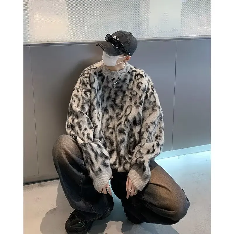 秋冬大きいサイズ250ポンドクリーンフィットレイジースタイルカラーブロックヒョウ柄ラウンドネックメンズニットウェア暖かさ快適なセーター