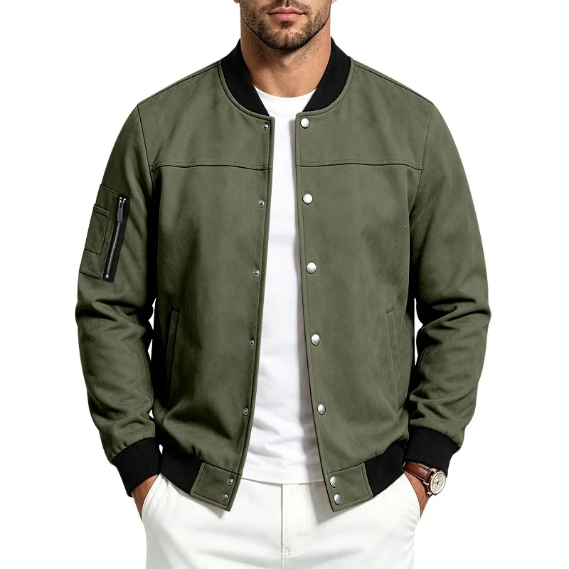 Bomber Jacket with Snap Button and Sleeve Zip Pocket Ribbed Collar Casual Outerwear for Men Daily