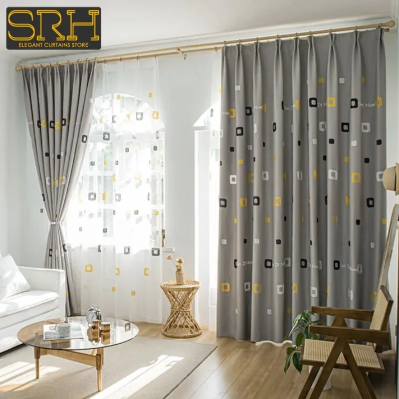 

New Geometric Pattern Embroidered Blackout Curtains Modern Simple Checkered Printed White Tulle Window Decoration Cloth Custom