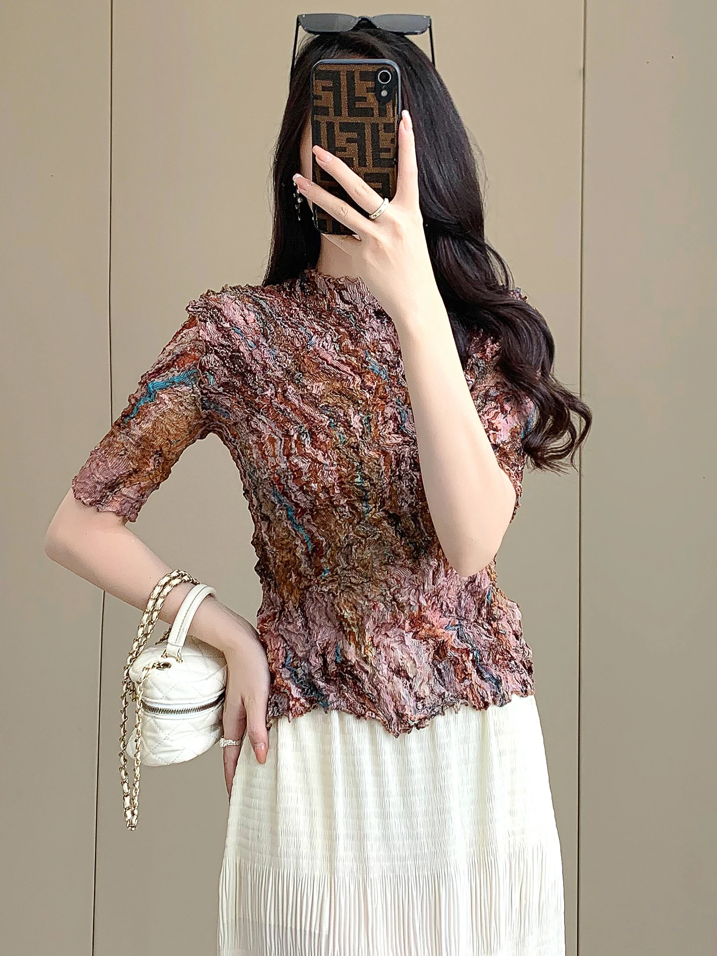 

GGHK Высококачественная плиссированная блузка ручной работы, женская летняя новая темпераментная тонкая футболка с короткими рукавами и короткими рукавами, женская одежда