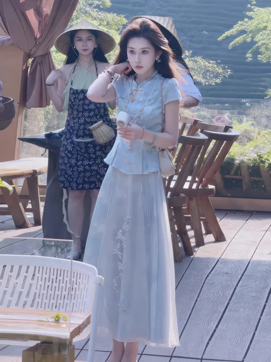 

New Chinese Sle Set Women's Summer plus Size Beautiful Unique Qipao Top f Skirt Dr Traditional Faion Ensemble