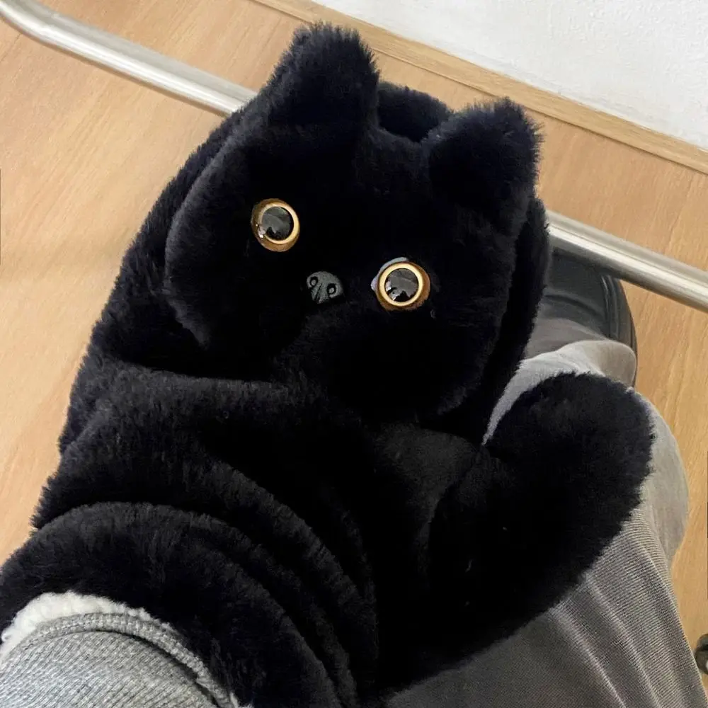 

Soft Cute Black Cat Fur Gloves Cartoon Thicken Kitty Mitten Warm Windproof Cat Halter Gloves Riding