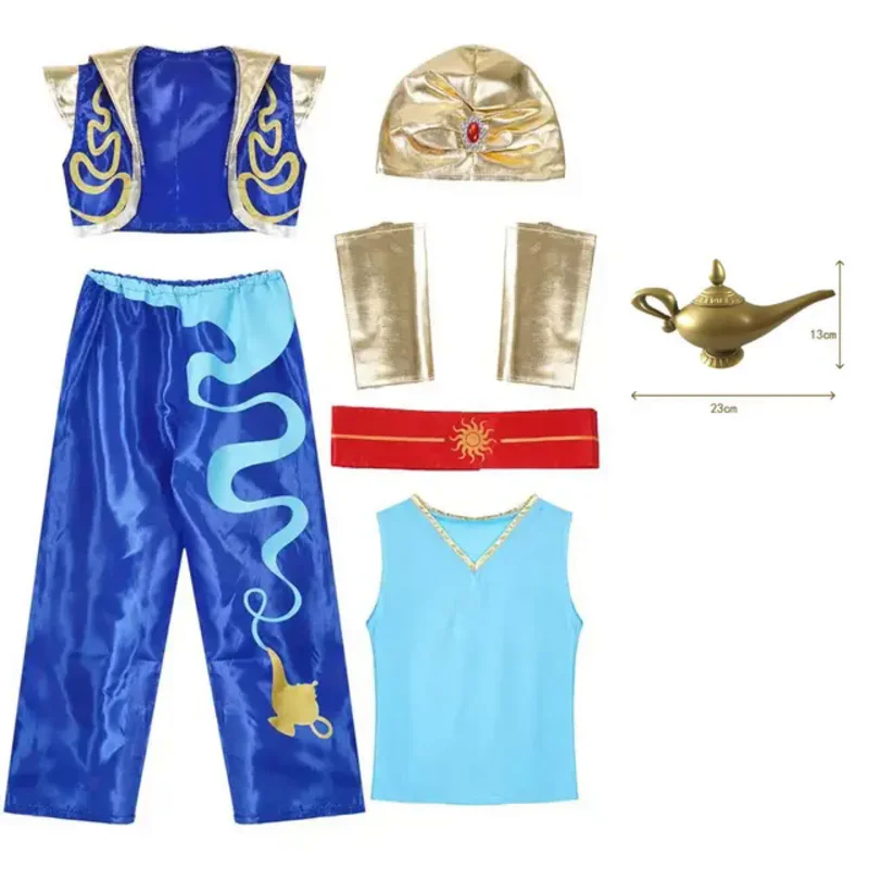 Aladdin Cosplay conjunto completo de roupas infantis e adultas, uniforme árabe para meninos, traje de carnaval de Halloween, traje anime masculino, dramatização