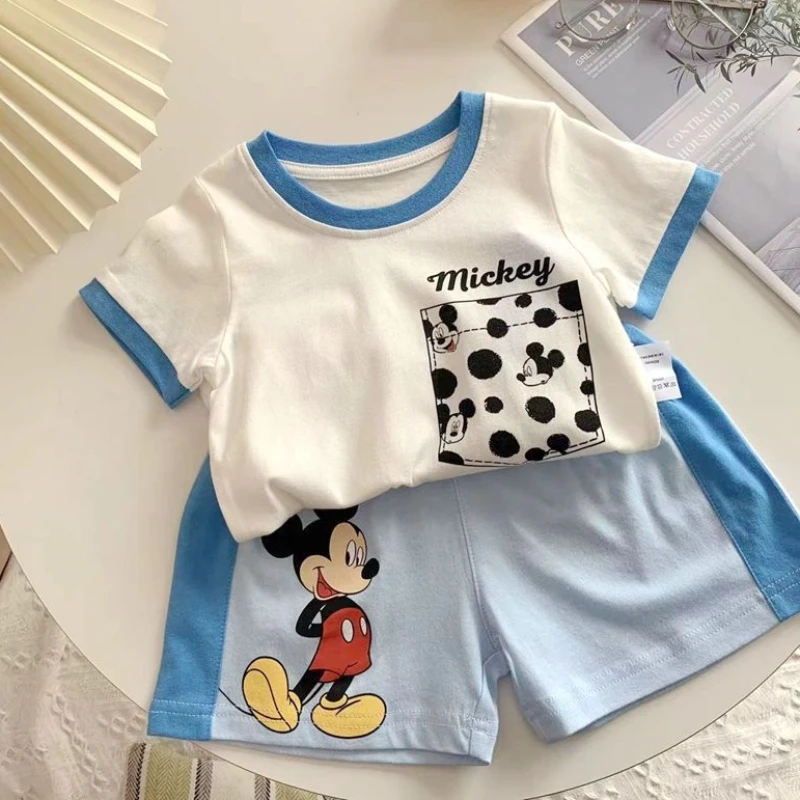 Mickey Printed Kids Short Sleeve Suit 2024 New Summer Clothing Cartoon T-shirt Shorts 2pc/set Children\'s Wear Tracksuits 9M-6Y