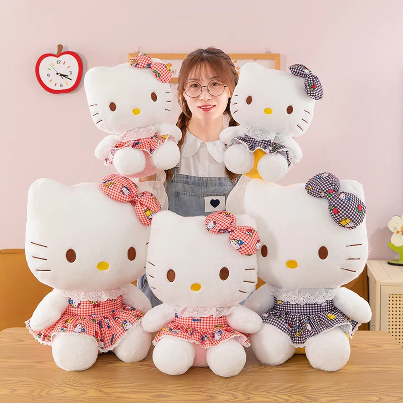 

Hello Kitty Plush Toy Pillow Decoration Ornament Checkered Dress Bow Kt Cat Soft Plush Filling Doll Children'S Birthday Gift